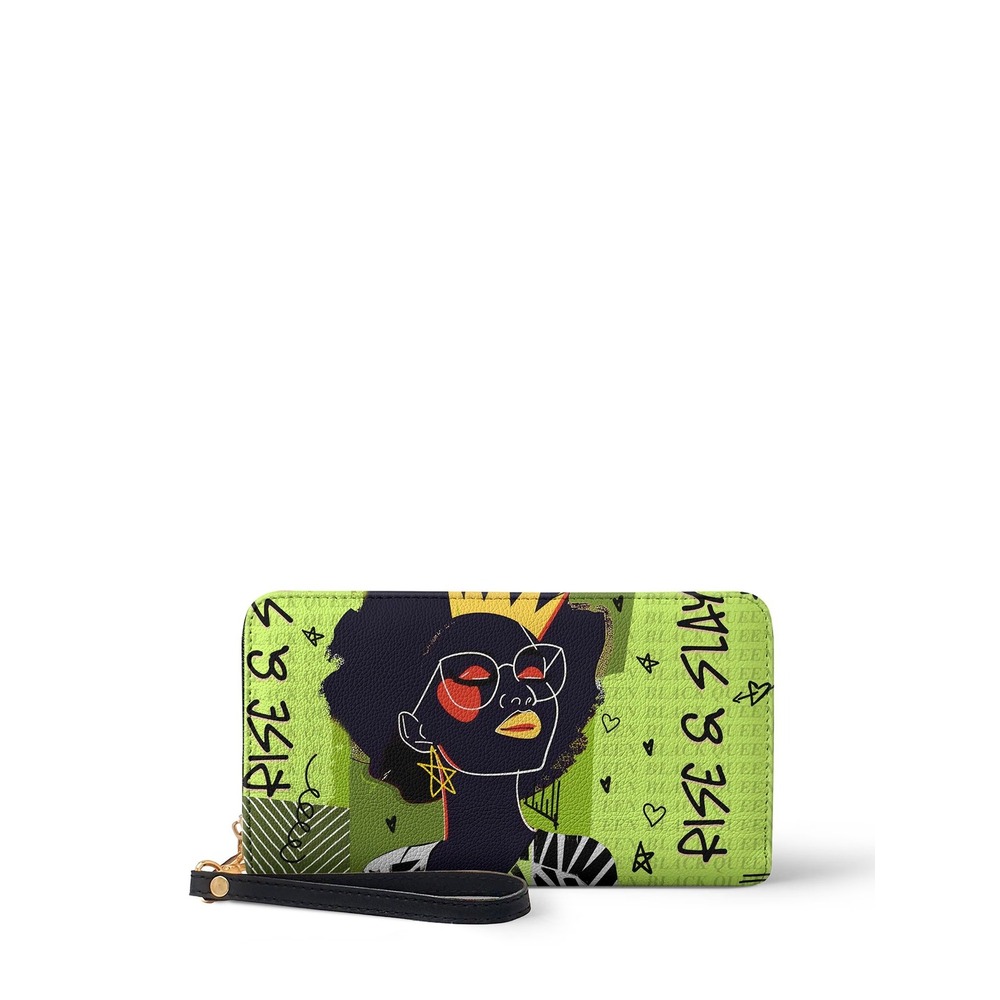 AFROYLA Just Blessed Black Queen Wristlet Wallet Green Zip Around Long Clutch